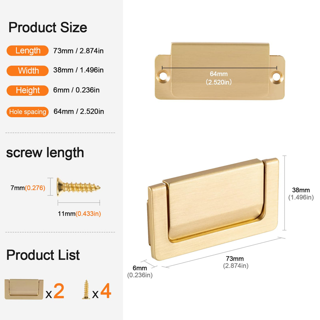 2pcs Zinc Alloy Flush Cabinet Drawer Handles, Hidden Concealed Furniture Pulls with Screws for Drawers, Cabinets