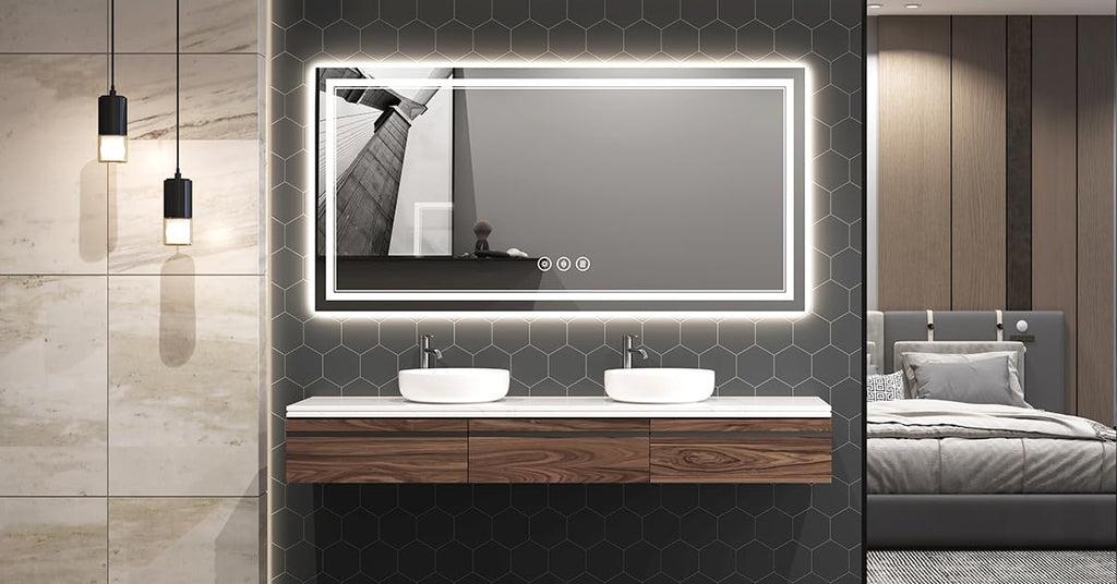55x30 Inch Lighted Bathroom Mirror for Wall, Tempered Glass Smart Led Bathroom Mirror with Anti-Fog, Stepless