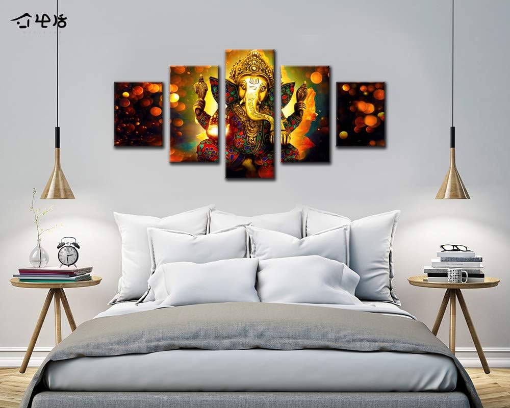 Large 5 Panel Hindu God Ganesha Wall Art - Traditional Indian Canvas Prints Decor ( Inch, Framed)