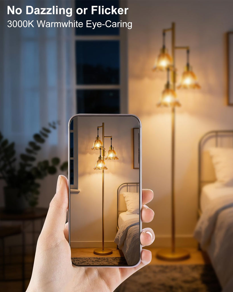 Amber Flower Glass Floor Lamp 3-Light Dimmable Gold Floor Lamps