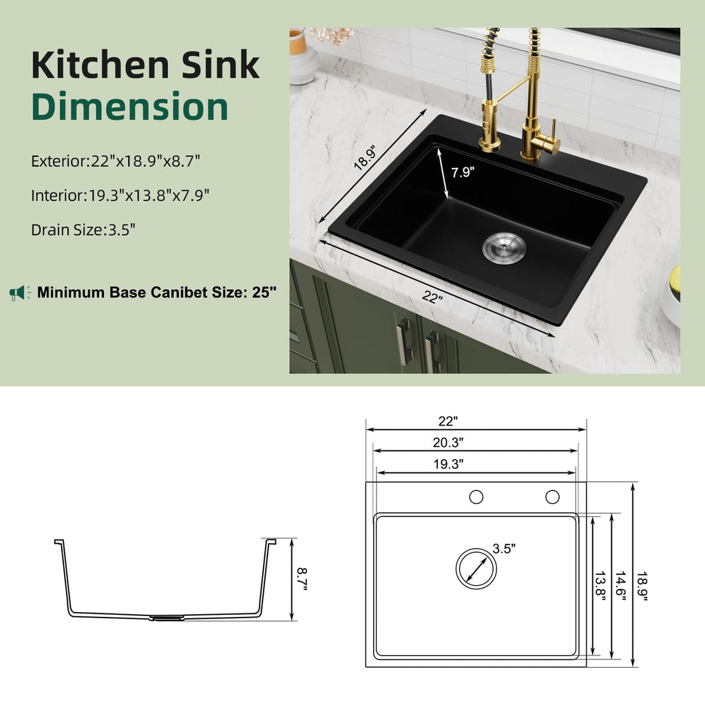 22 Inch Matte Black Granite Drop Sink Workstation