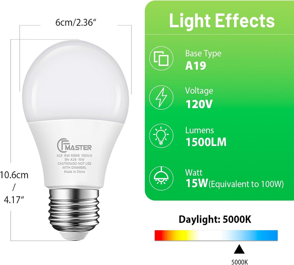 A19 LED Light Bulb, 100W Equivalent Light Bulbs, 15W 5000K Daylight, 1500 Lumens, Non-Dimmable LED Bulb, E26 Standard
