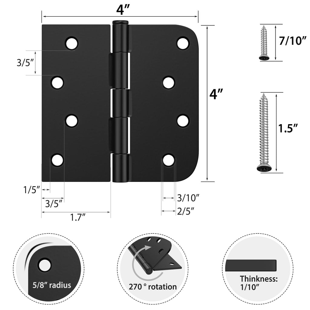 3 Pack 4 Inch Black Exterior Door Hinges with Square & 5/8" Radius, Removable Pin, Perfect for Heavy-Duty Front &