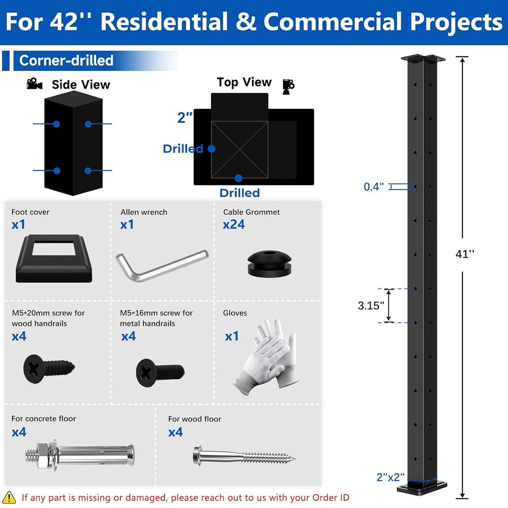 42" Modular Cable Railing Corner Post for Deck Porch, L-drilled