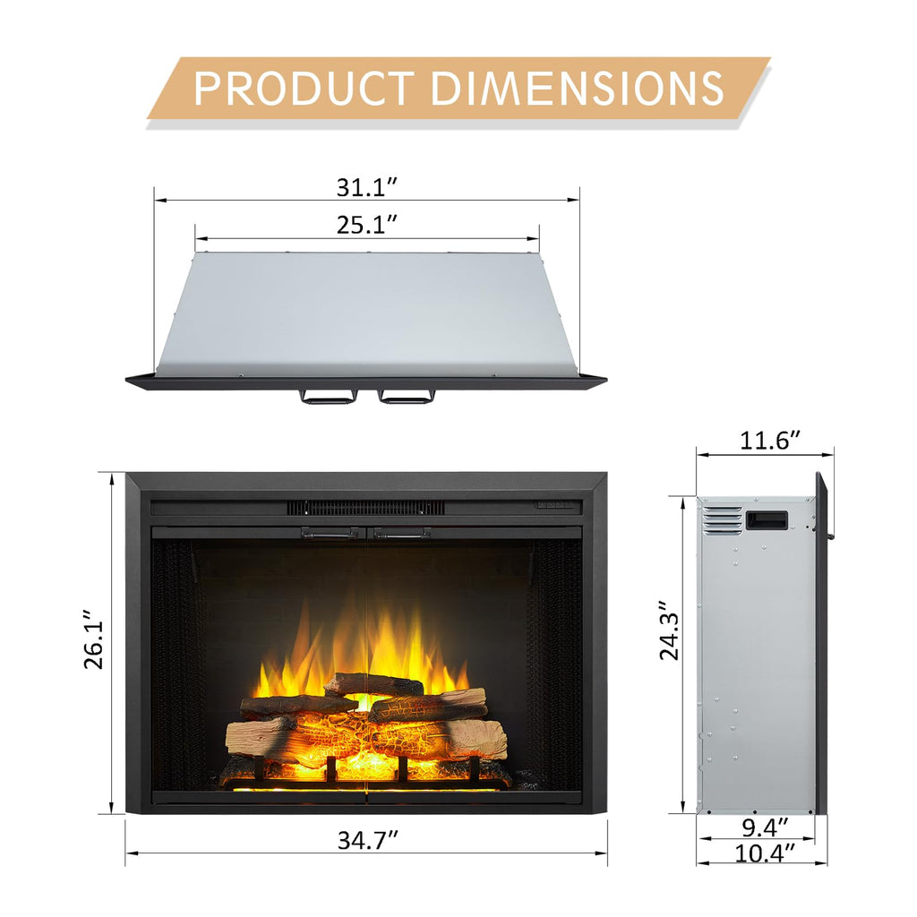 LegendFlame Damon 35" W Electric Fireplace Insert with Glass Door and Mesh Screen, Fireplace Heater