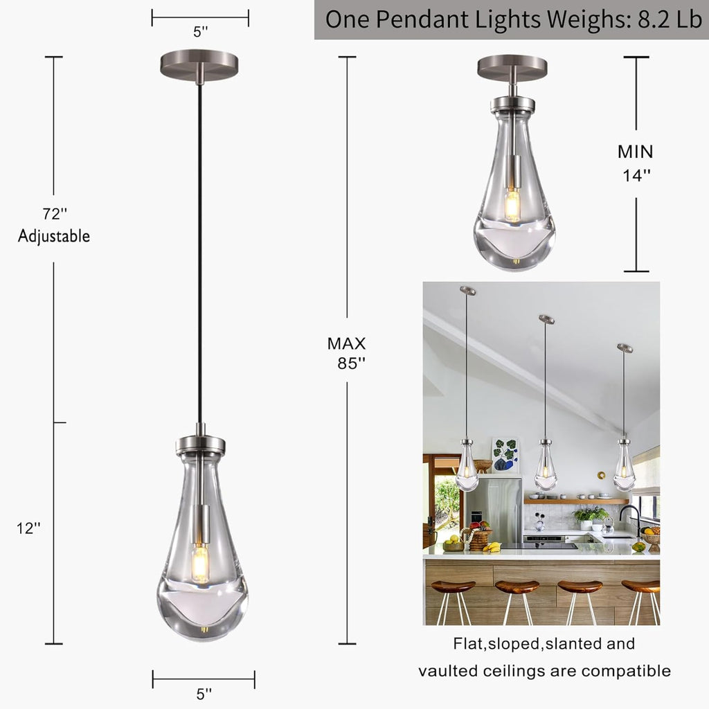 Raindrop Pendant Lights Kitchen Island Teardrop Nickel Hanging Light Fixtures Clear Solid Glass Pendant Light Modern Chandeliers for Dining Room Porch Corridor Living Room(3-Pack) A121-B0DL46TSCX