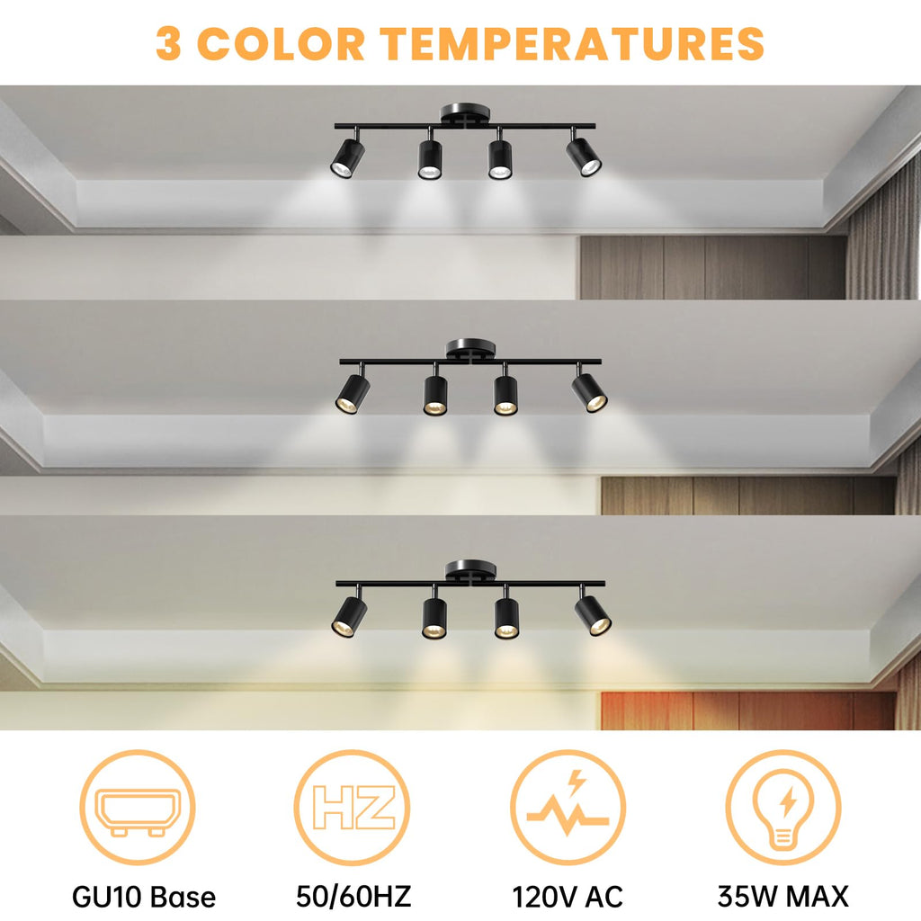 4 Light Track Lighting Kit, 23.6" 4 Way Ceiling Spotlights Fixture