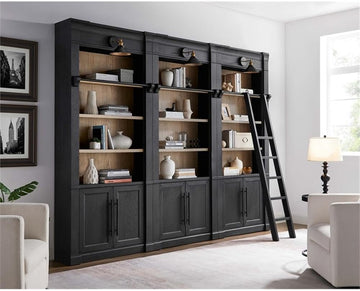 94" H 3-Unit Bookcase Wall, Solid Wood, Black Finish, Built-in Lighting, Adjustable Shelves and Doors, Includes