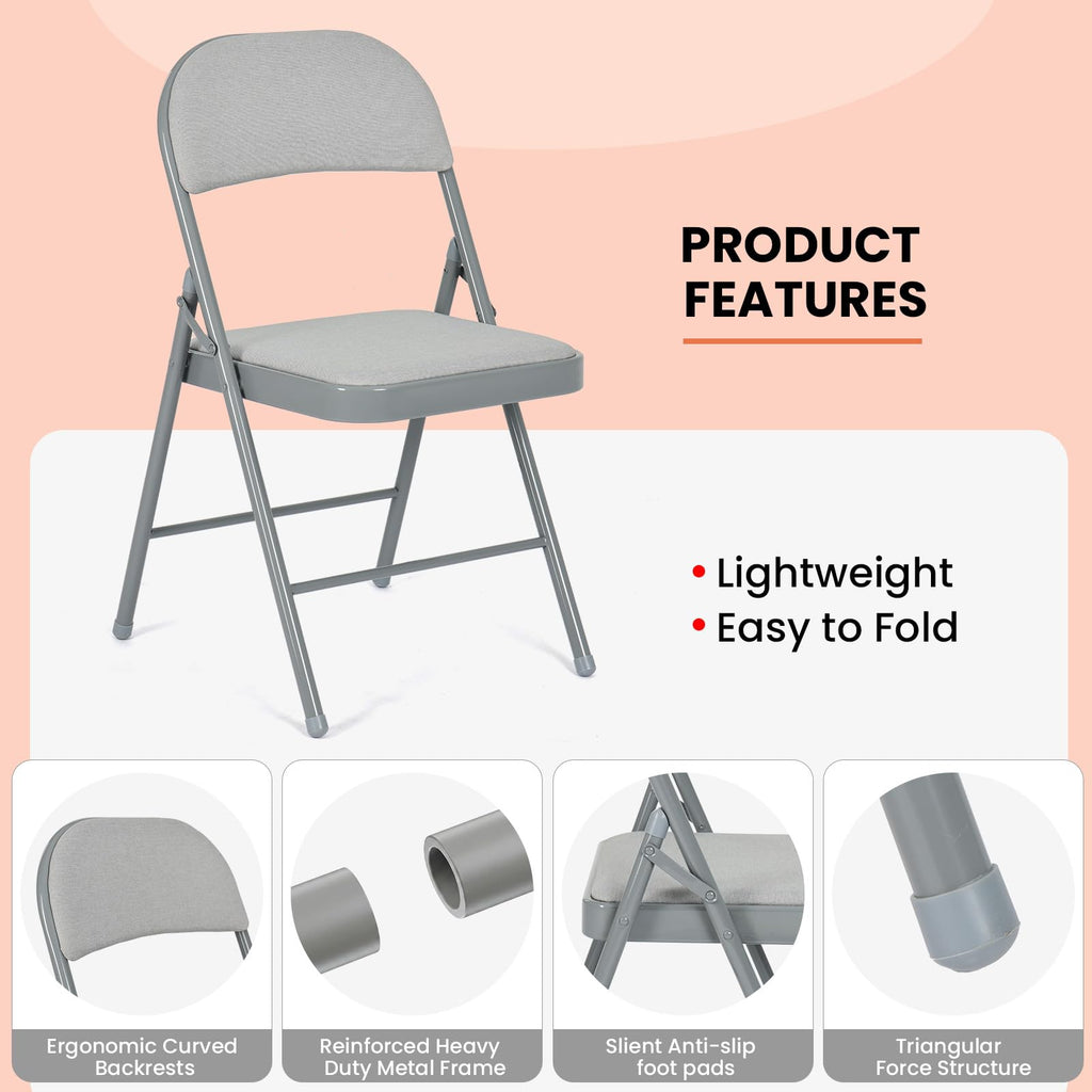 4 Pack Gray Padded Folding Chairs with Cushion and Back