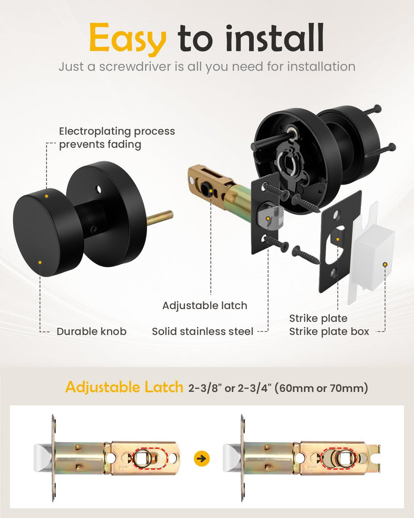 Black Door Knobs with Deadbolt, Zinc Alloy Exterior Front Door Knobs and Single Cylinder Deadbolt, Matte Black Front