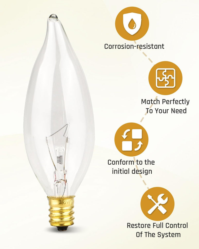 Universal Crystal Clear Incandescent Light Bulb, E12 40W 120V 2500K Light Bulb Replacement, CA10 Candelabra Candle