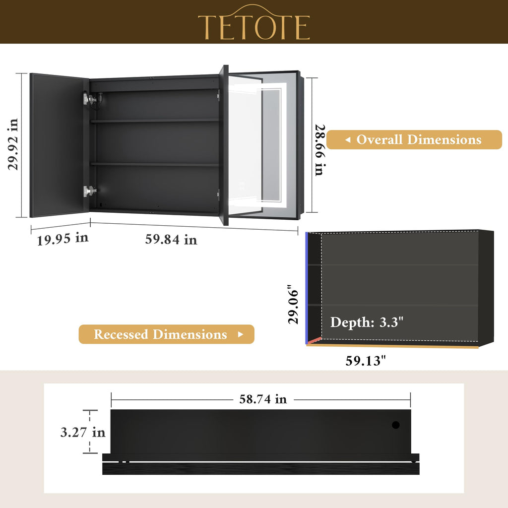 Black Lighted Medicine Cabinet Mirror 60 x 30 Led Medicine Cabinet Recessed or Wall Mounted with 3 Door, Tempered