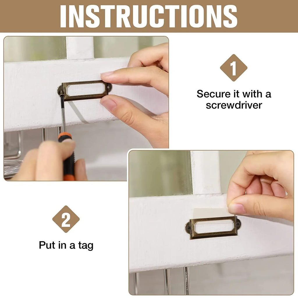 12Pcs Antique Brass Metal Label Pull Frame Handle File Name Card Holder for Furniture Cabinet Drawer Case