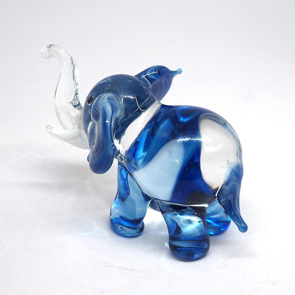Lucky Elephant Figurines Blue Hand Blown Art Glass Collectible Animal Ornament Gift Decor, 1.5 x 2.5 x 1.8 inches