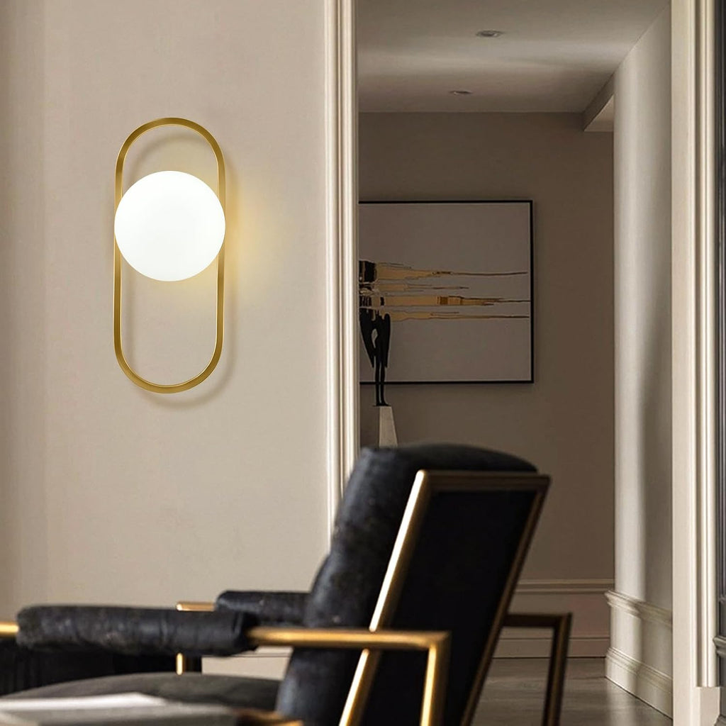 Mid Century Wall Sconces Modern Gold Vanity Wall Lamp with White Globe Lampshade Wall Light Fixture for Bathroom