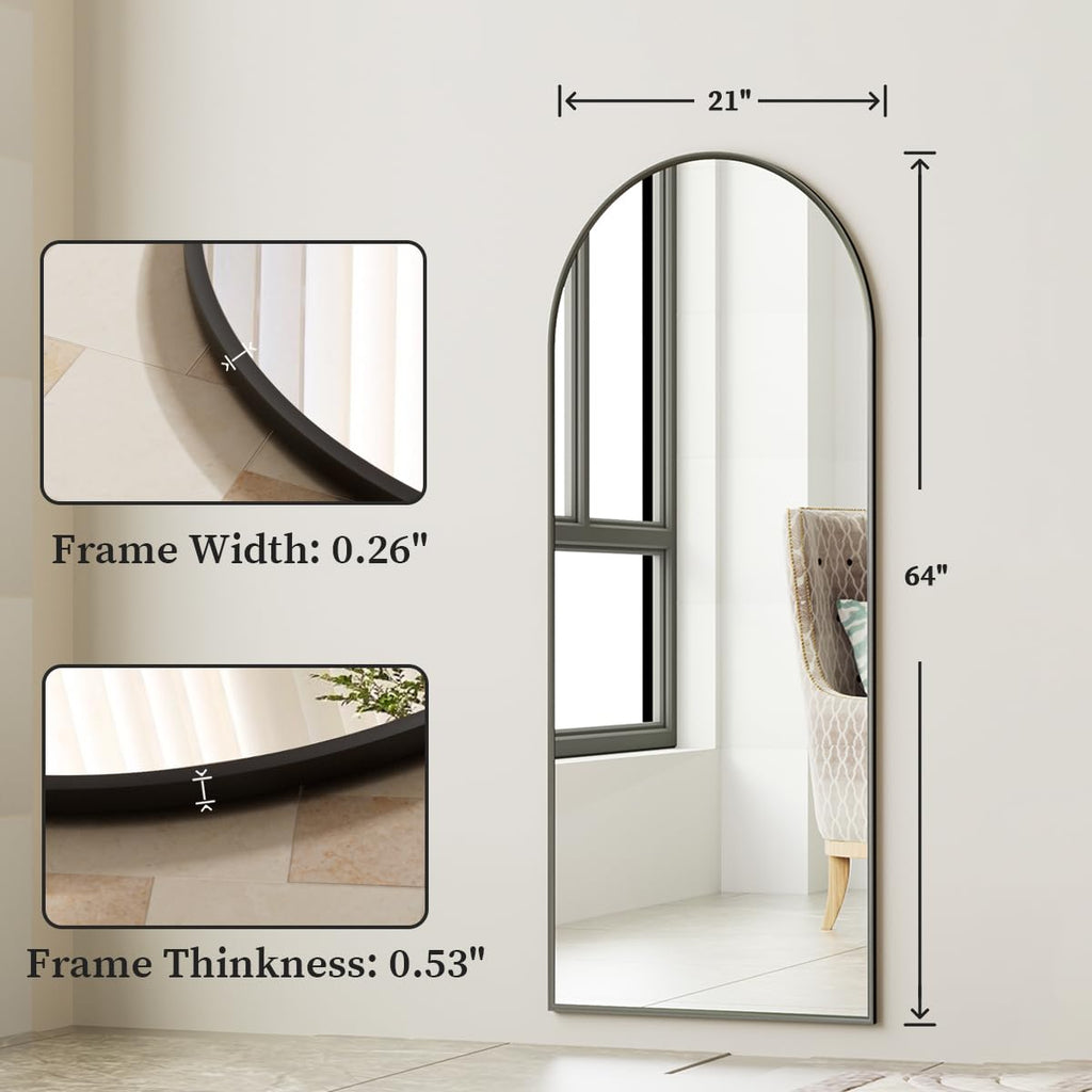 Arched Full Length Mirror, 64" x 21" Arch Black Floor Mirror with Stand