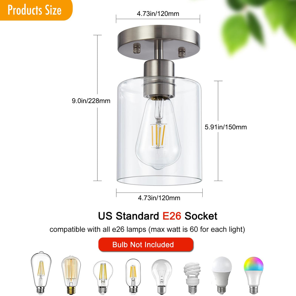 1-Light Semi Flush Mount Ceiling Lights, Brushed Nickel Kitchen Lighting Fixtures Ceiling, Modern Ceiling Light