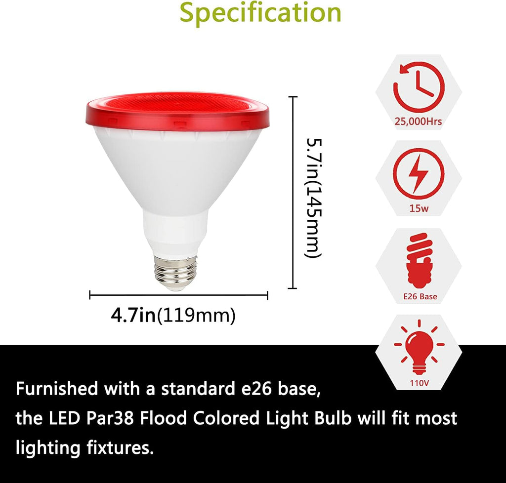 Red LED PAR38 Flood Light Bulb, 15W (100Watt Equivalent), E26 Base, 2 Pack