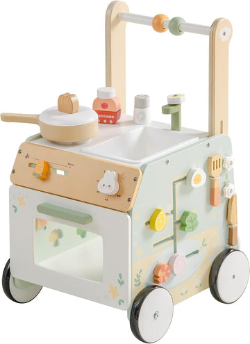 Wooden Baby Push Walker, Learning Walking Toys, Adjustable Height Baby Walker with Decelerator, Montessori Toys