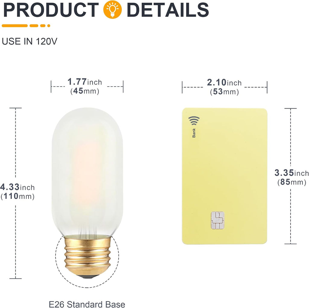 Frosted T45 LED Bulb- Vintage E26 Base Edison Light Bulbs 40 Watt Equivalent- Dimmable Decorative Antique T14