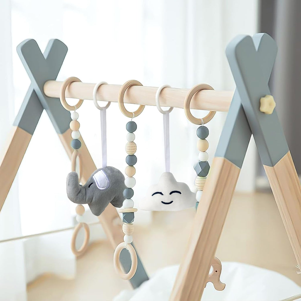 Wooden Baby Play Gym Foldable Gym Frame Activity Gym with 5 Hanging Toys