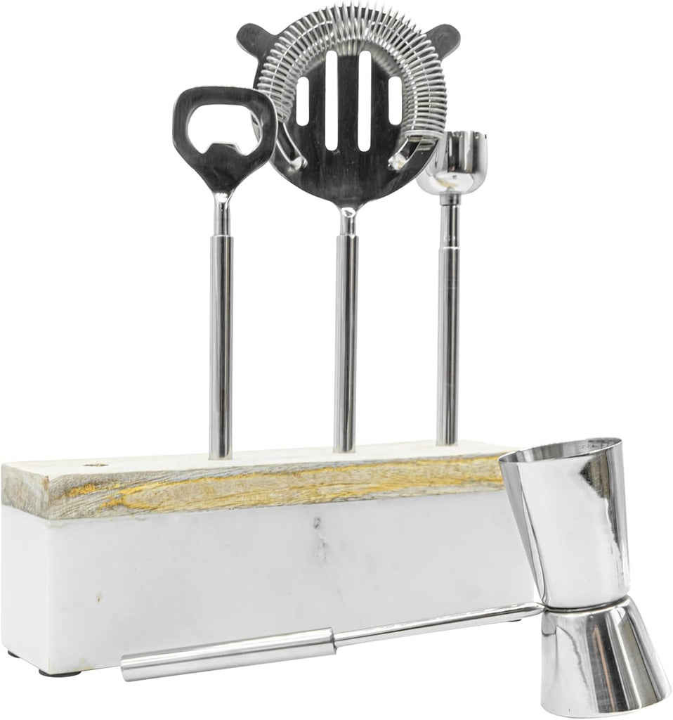 Mixology Bartender Kit | Bar Tool Set with Wood Base and Stainless Steel Frame | Perfect Home Bartending Kit for - Set of 4