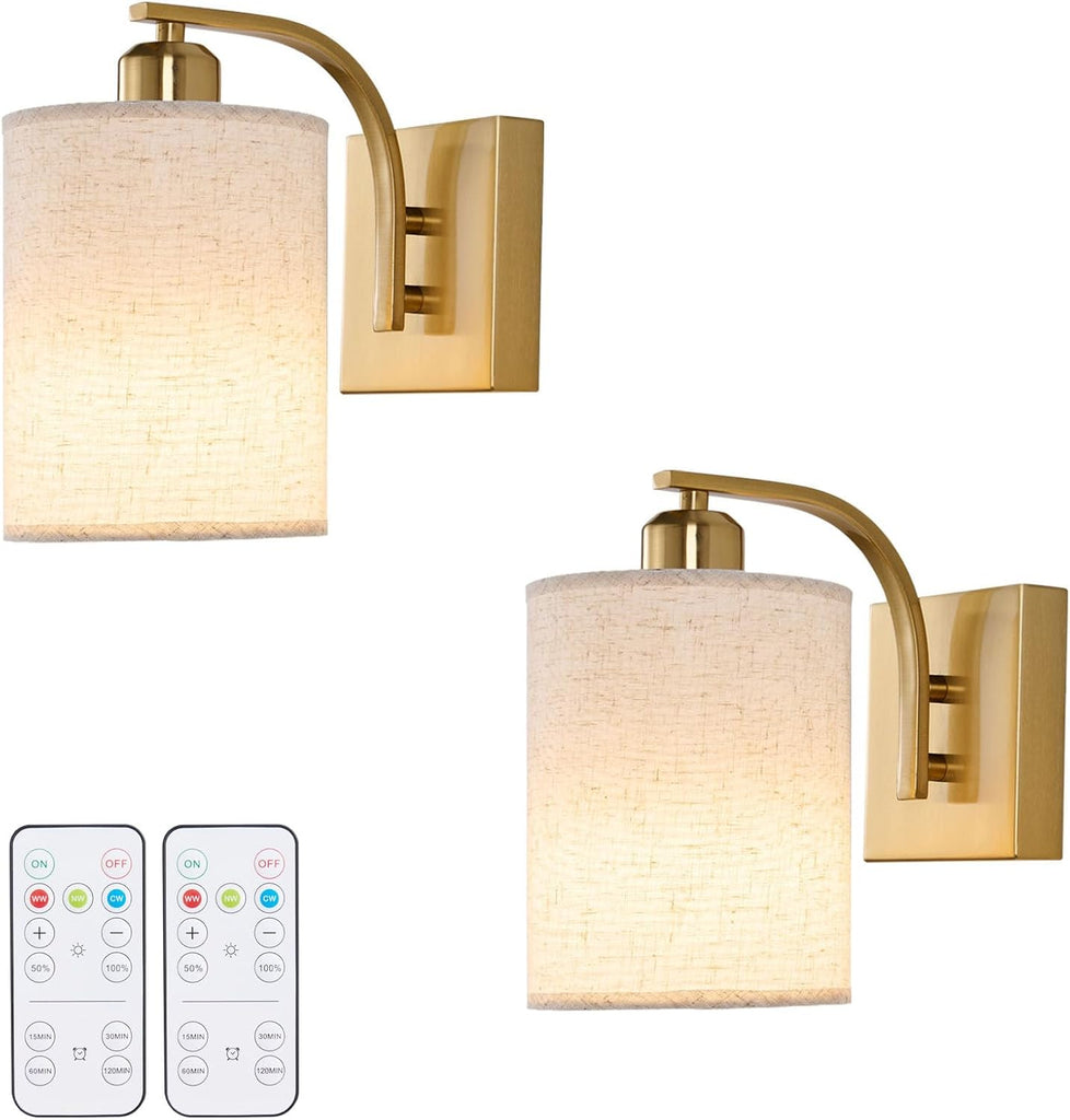 Gold Rechargeable Wall Sconces Set of 2 with Remote, Wireless Battery Operated Dimmable LED Wall Lights, Cordless