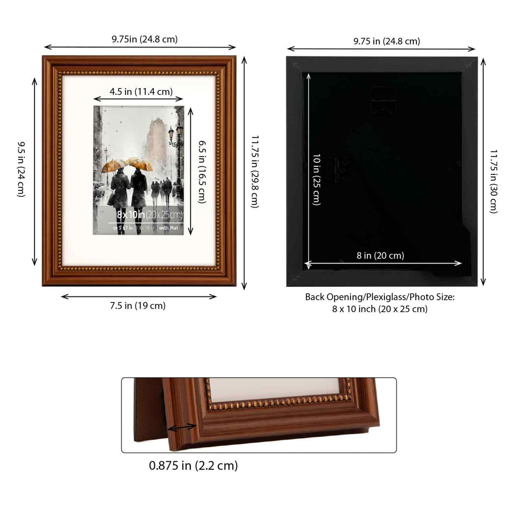 8x10 in Wood Classic Gallery Picture Frame Set, Ornate Beaded Inner, Matted for 5x7 Photo, Multiple Way Display
