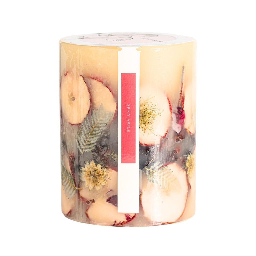 Large Round Botanical Candle - Spicy Apple 6.5" Burn Time 200 Hours Notes of Cardamom, Cinnamon, Clove, Long Lasting