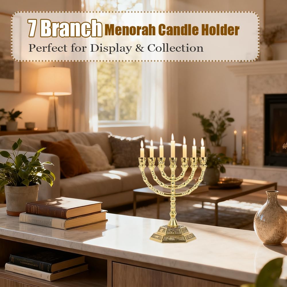 7 Branch Hanukkah Candle Holder Gold Candelabra with 12 Tribes of Israel Design, 5 Inch Jewish Candle Holder