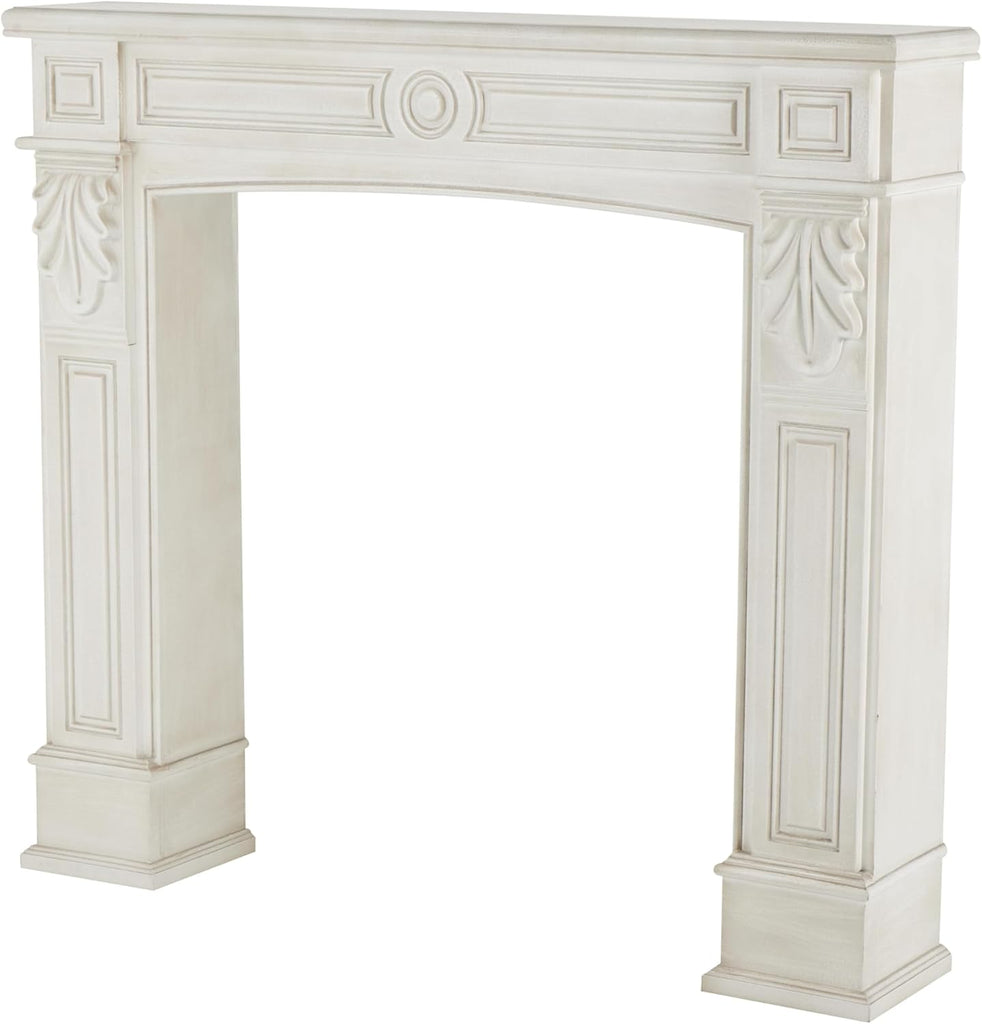 Wooden Fireplace Mantle Freestanding with Leaf Accents, 47" 9" 43", White
