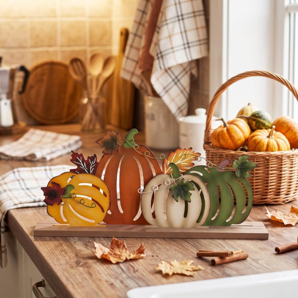 Fall Decorations, Wood Metal Pumpkins Sign for Fall Table Decor, Farmhouse Rustic Multi-Color Pumpkin Decorations