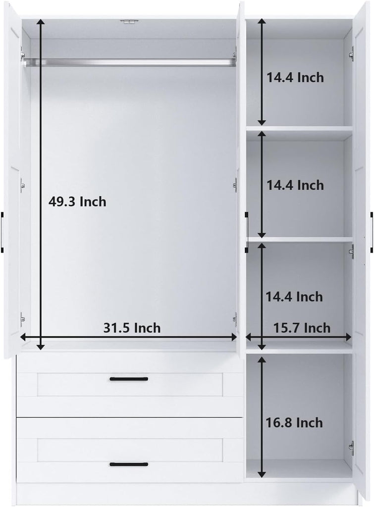 3 Doors Wooden Wardrobe Closet Armoire, White Storage Cabinet for Hanging Clothes, Bedroom Large Capacity