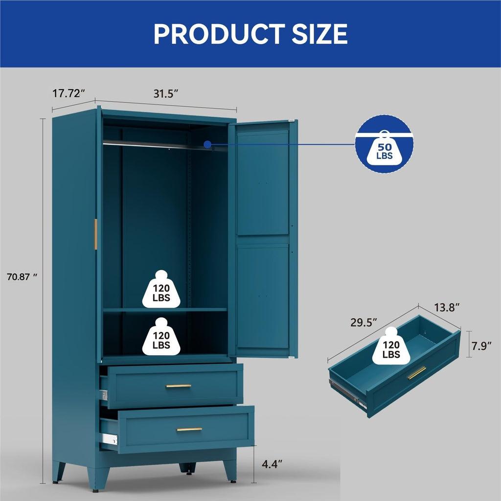 Metal Armoire Wardrobe Closet with Drawers, 71'' Tall Farmhouse Bedroom Armoires with Doors, Freestanding Steel