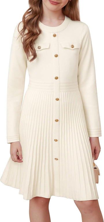 Girls Sweater Fall Dress Long Sleeve Knit Button Front Pleated A-Line Casual Winter Midi Dresses