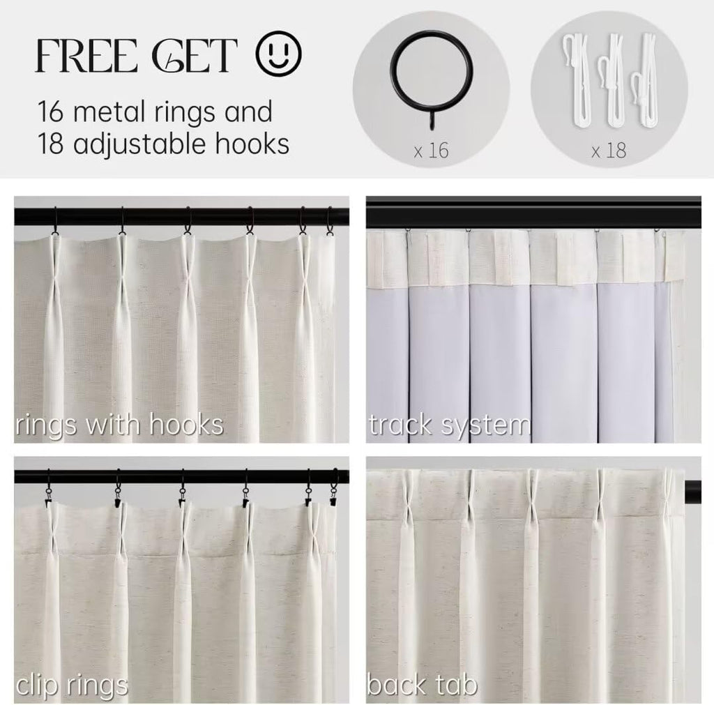 96 inch Long Natural Pinch Pleated 100% Blackout Curtains,Luxury Linen Curtains with Hooks for Patio Large Window