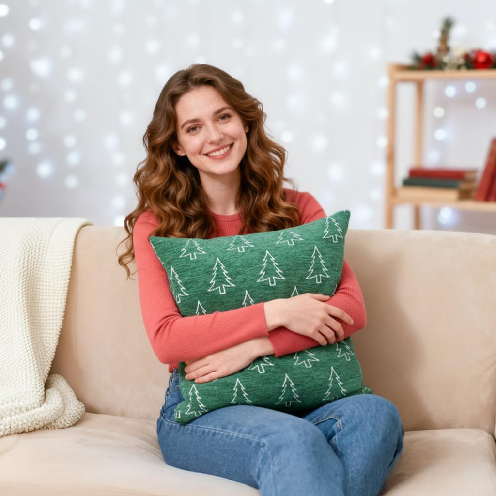 Soft Chenille Christmas Pillow Covers 20x20, Reversible Snowflake & Tree Pattern, Thick & Cozy Farmhouse - Set of 2