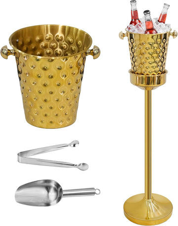 Gold Champagne Bucket with Stand, 5L Ice Bucket Wine Chiller, Stainless Steel Wine Bucket for Wedding BBQ Party Home