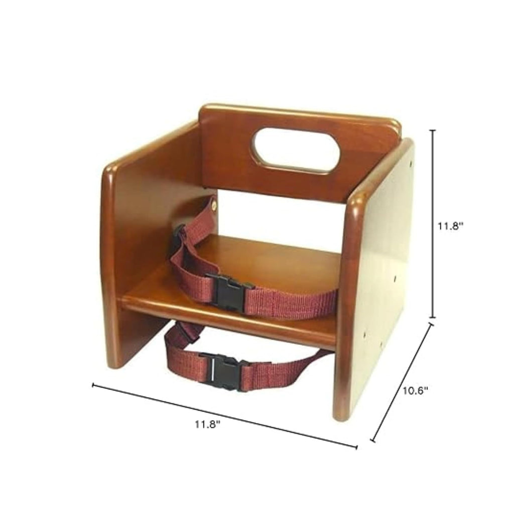 17" Children Booster Seat Walnut Wood Finished Rubber Wood with Harness Straps Seat Back Support Maximum Knock-Down
