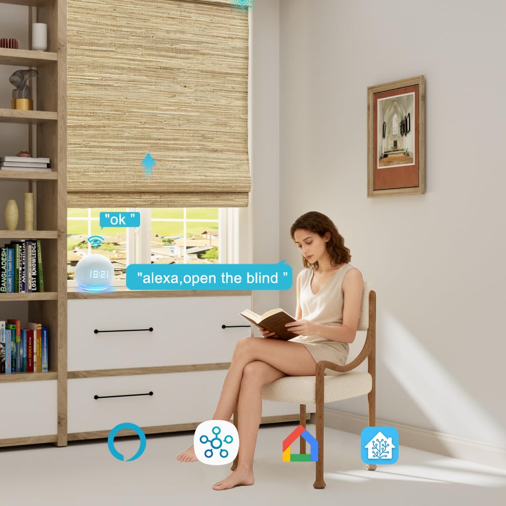 Motorized Bamboo Roman Blinds with Remote, Woven Roman Shades Compatible with Alexa Google Home, Automatic Bamboo