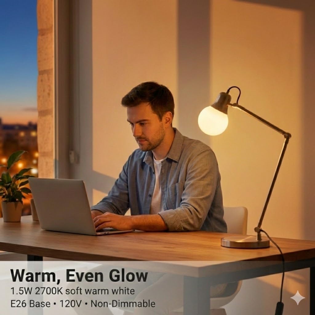 LED Globe Light Bulbs 1.5W (15W Equivalent),Soft Warm White 2700K,Frosted Glass,E26 Medium Base, 120V,150