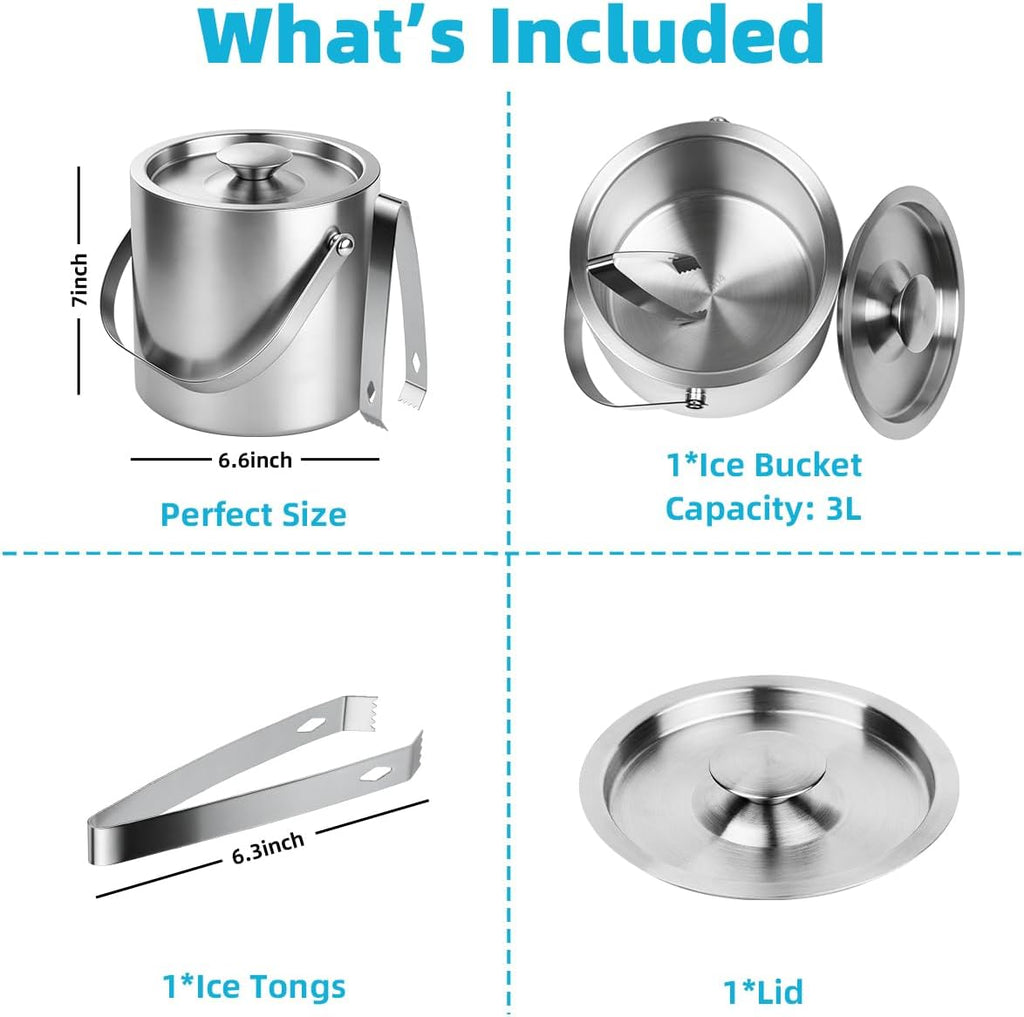 3L Double-Wall Stainless Steel Ice Bucket with Lid & Tongs