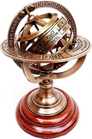 Brass Armillary Sphere Astrolabe On Wooden Base Maritime Nautical & Collectible Rustic Vintage Home Decor Gifts