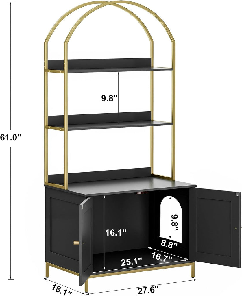 Cat Litter Box Enclosure with 2-Tier Shelves, Black and Gold
