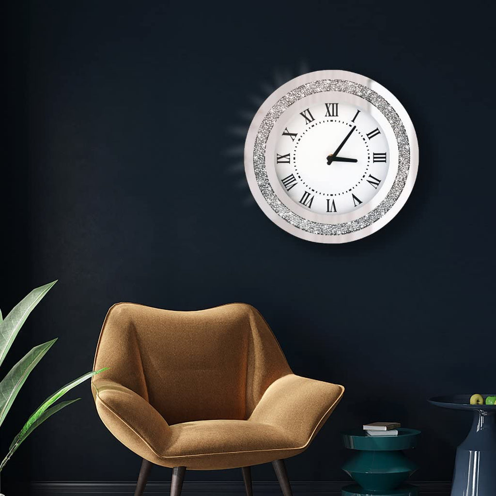 Silver Round Mirror Clock 12inch Crystal Sparkle Twinkle Bling Crush Diamond Mirrored Wall Clock for Wall Decoration