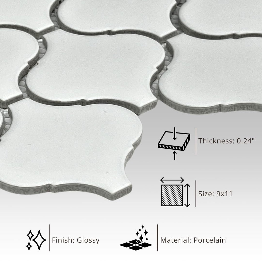 Snowy Glossy Arabesque Porcelain Tile - 11.38" x 12.25" Sheet for Wall, Backsplash, Bathroom, Shower Accent, White