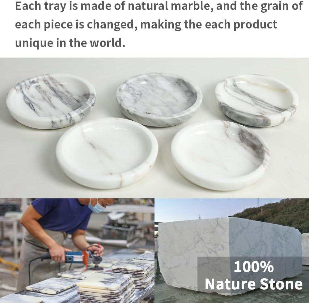 5.5" Marble Jewelry Tray for Vanity, Trinket Dish for Rings Earrings Necklace Keys, Natural Marble Decorative Tray