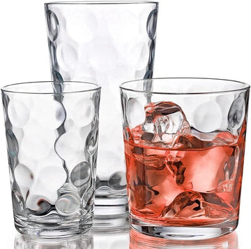 Glassware Set 18 Piece Mixed Drinkware Set. 6 Highball Tumblers-17 oz., 6 Rock Whiskey-13 oz., and 6 Juice-7 oz. All