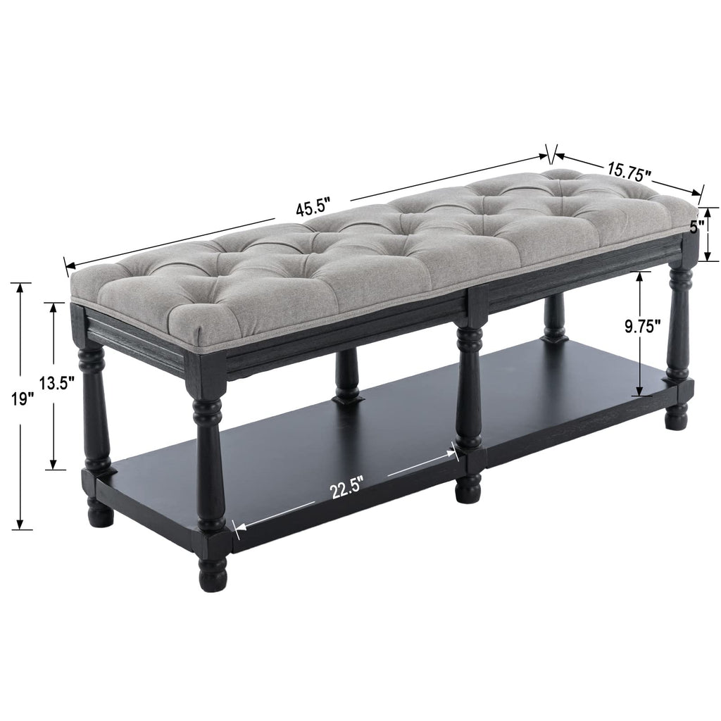 Mid-Century Tufted Storage Bench with Shelf, Linen Upholstered Farmhouse Entryway Shoe Bench Ottoman Bed End Stool