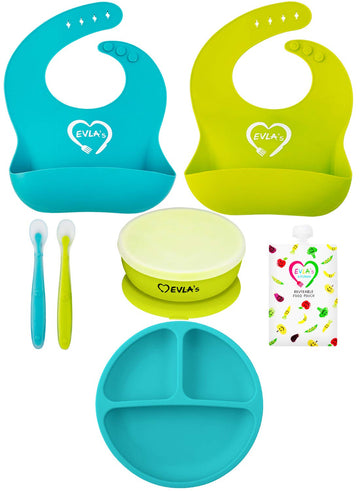 Baby Feeding Set, Baby Led Weaning Supplies, Adjustable Silicone Bibs, Divided Plate, Suction Bowl with Lid, Soft